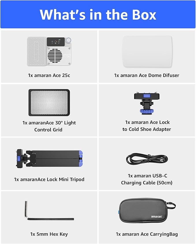 amaran Ace 25c Kit RGB Pocket LED Light,Boost Mode to 32W Mini On Camera Video Light,2300K~10000K Support Magnetic Attraction and App Control with Carrying Case,Mini Tripod,Grid (White)