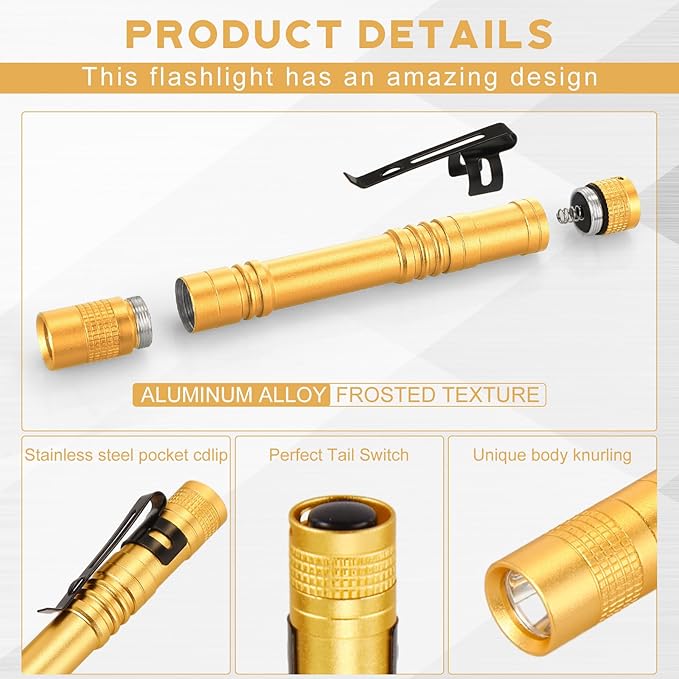 Hortsun 20 Pcs Mini Pen Light Flashlights Christmas Gifts for Men Pocket Flashlights Pen with Clip Small LED Handheld Slim Torches Without Battery(5.12 Inch,Yellow)