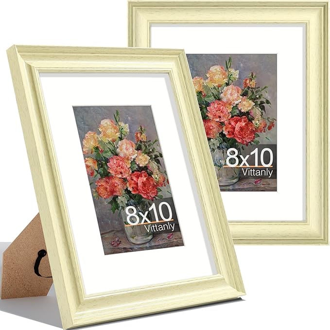 Vittanly 8x10 Picture Frames Set of 2, Ornate Vintage Photo Frame for Wall or Tabletop, Display 5x7 Pictures with Mat or 8x10 without Mat, Beige