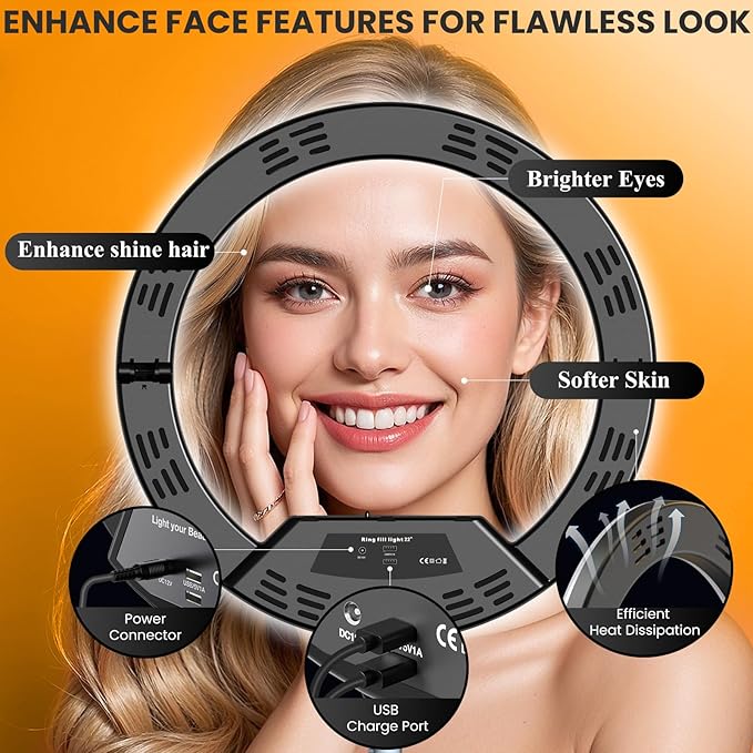 18" Large Ring Light with Stand, Upgraded Foldable LED Big Ringlight with 75" Tripod & Wheel Tray for Live Tattoo Makeup Video Recording Barber Photography