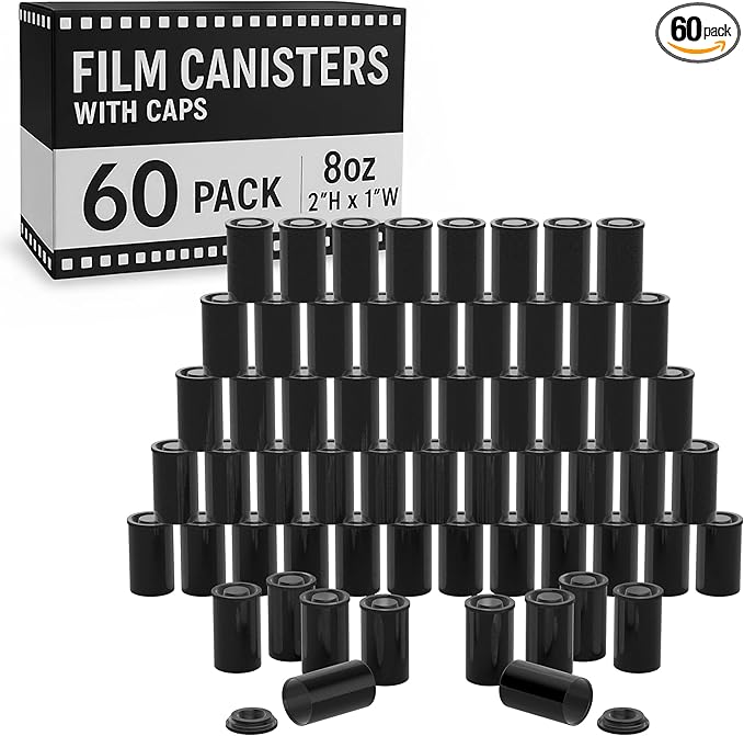 Houseables Film Canisters With Caps, Film Canisters, 35mm Case, Container With Lids, Cannisters For Rockets, Empty Camera Reel Holder, Bottles, Coin Storage, Black, Plastic, 8oz, 2"x1", 60 Pack, Bulk