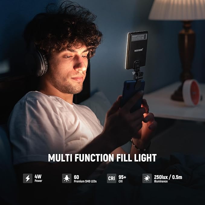 NEEWER Basics NL-60AI Selfie Light for Phone with Front & Back Clip, 60 LED 2000mAh Rechargeable CRI95+, 3 Modes, Portable Clip on Fill Lighting for Tablet Computer Laptop Zoom Call TikTok Video