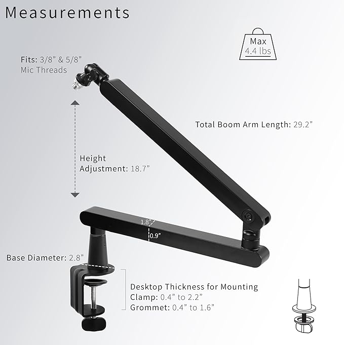 VIVO Low Profile Broadcast/Podcast Microphone Boom Arm Stand with 3/8 and 5/8 inch Screw Adapter, Heavy Duty Desk Mount, Professional Mic Stand with 360 Rotation, Black, STAND-MIC03L