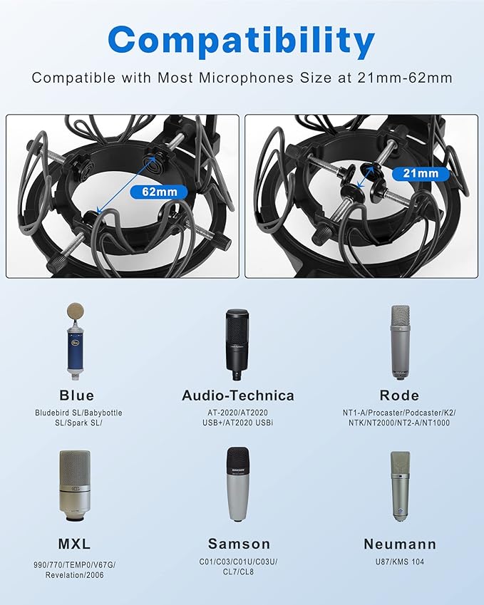 Universal Microphone Shock Mount with Pop Filter for Condenser Microphones Size at 21-62mm Anti-Vibration Mic Holder Clip(Black)