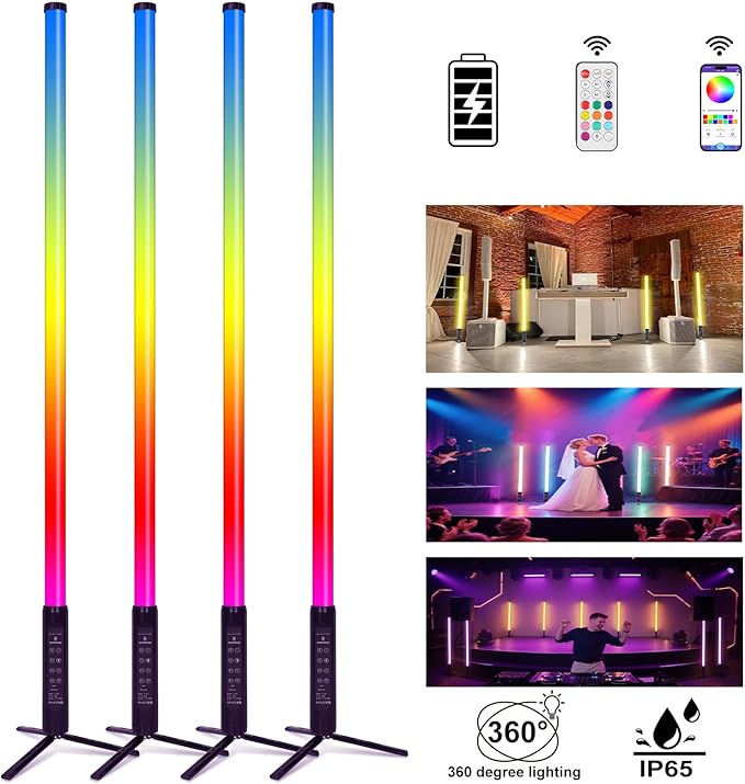 4Pack Professional 360 DJ Tube Light Bar Stand with Case Battery Powered IP65 Waterproof APP Control D40 5ft RGB Led Party Light Stick for Outdoor Video Studio Wedding Stage Lighting
