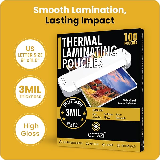 Thermal Laminating Sheets 3 Mil – Holds 8.5 x 11 Inch Documents, 9 x 11.5 Inch, Pack of 100 Lamination Pouches with Round Corners, Clear Glossy Thermal Laminating Paper