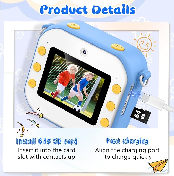 64GB Kids Camera Instant Print, 48MP New Year Birthday Gifts Instant Print Camera for Kids with Print Paper, 1080P Dual-Lens Selfie Instant Cameras Video for Girls Age 3 4 5 6 7 8 9 10 11 Toddler Toy