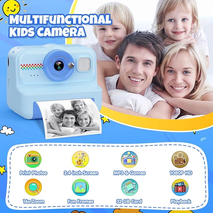 HiMont Kids Camera Instant Print, 1080P HD Instant Print Camera for Kids with 3 Rolls Print Paper & 32GB Card, Selfie Digital Camera for Kid, Ideal Kid Toys Gifts for Boys & Girls Age 3-14 (Blue)