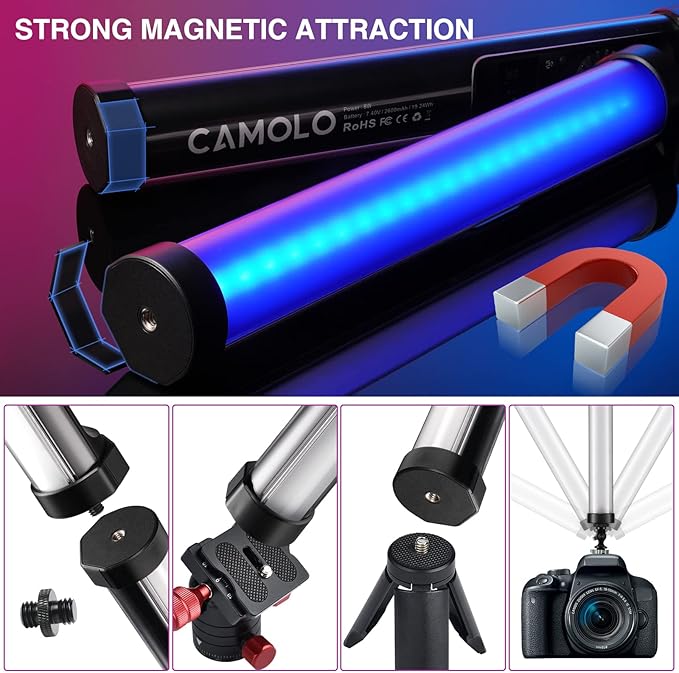 Portable RGB Handheld Light Wand LED Stick Tube Light Magnetic Photography Lighting with App Control Full Color Brightness Adjustable 10 Effects 2500k-8500K CRI 95+