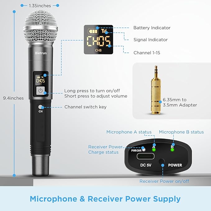 Bietrun Wireless Microphone, UHF Single Handheld Cordless Dynamic Metal Mic Set with Rechargeable Receiver, 1/4'' Plug Output, for Karaoke, Church, Wedding, Party Singing(98 ft Range)(Auto Connect)