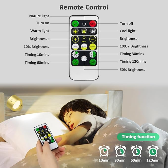 Lightbiz LED Wall Lights 2 Pcs with Remote, Wall Sconces Lamp Rechargeable Battery Operated, 3 Color Temperatures & Dimmable Magnetic 360° Rotation Cordless for Bedroom Bedside
