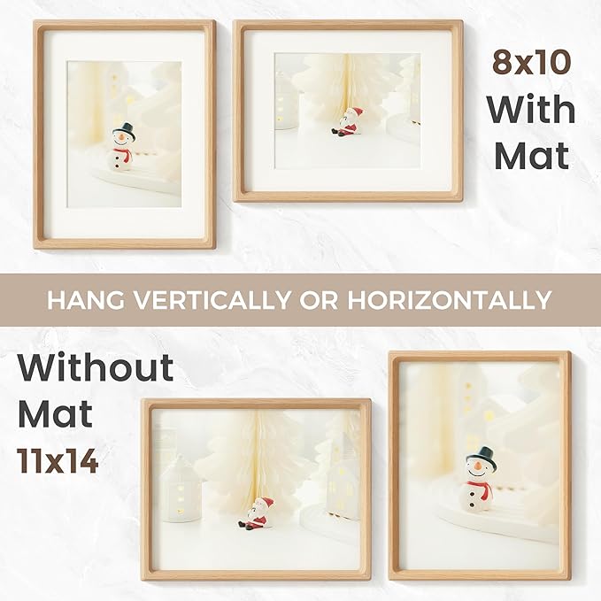 11x14 Picture Frame, USA-Sourced Natural Oak Wood Photo Frame with Tempered Glass, Handcrafted Rounded Corner 11 x 14 Wooden Frame Matted to 8x10 Photos, Wall or Tabletop Display