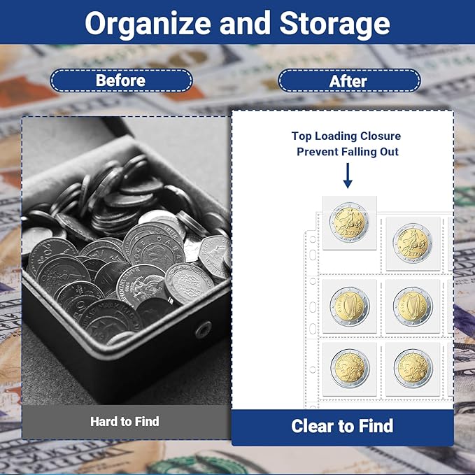 ENPOINT 600 Pockets Acid Free Coin Sleeves, Non Stick and Non Glare, Fit for Coin Flips 2x2 inch, 3 Ring Binder Sleeves Clear Plastic Stamp Collecting Supplies, 30 Pack