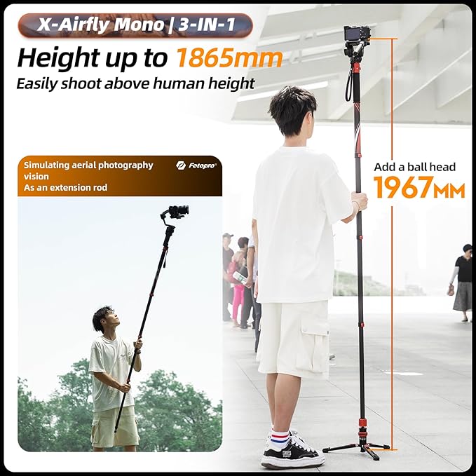 Fotopro 73" 3-in-1 Carbon Fiber Monopod with Pedal, Carbon Fiber Travel Monopod with Feet Max Load 22lbs for DSLR Camera Stabilizer Videography Kit, X-Airfly Mono Grey