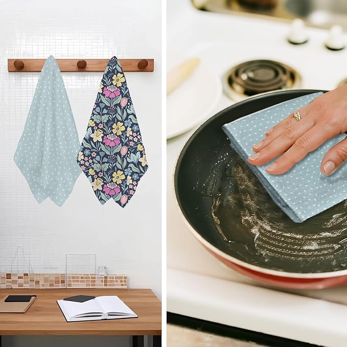 2Pcs Retro Flower Kitchen Towels 24x14 Inch, Dots Seamless Pattern Waffle Hand Towels for Kitchen Home Decor, Absorbent Microfiber Dish Cloth Tea Towel, Housewarming Gifts for Women Mom Grandma