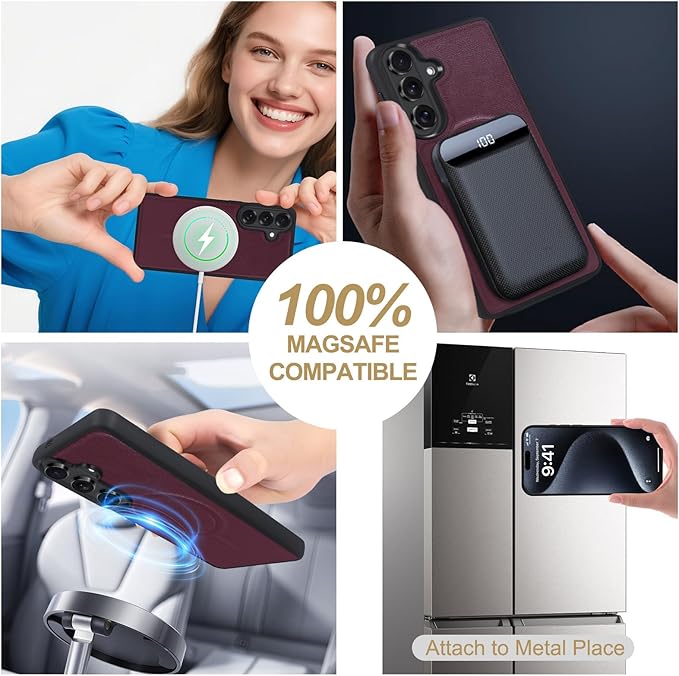 Harryshell Compatible with Samsung Galaxy S26 Case Wallet Multi Zipper Detachable Removable Cover Purse with Card Slots Holder Mirror Crossbody Strap (Compatible with Magsafe-Burgundy)