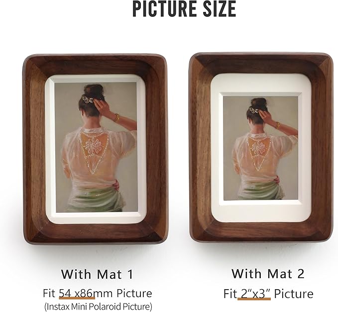Zelvix Wooden Picture Frames, 2.5x3.5 Small Polaroid Picture Frame Matted to 2x3 with Plexiglass, Walnut Solid Natural Wood Tiny Photo Frame, For TableTop and Wall Mounting