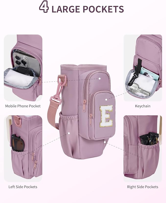 sportsnew Birthday Gifts for Women Personalized Initial Water Bottle Holder with Strap fits most 40oz Tumbler with Handle Water Bottle Carrier Bag with Phone Pocket & Straw Topper Tumbler Accessories