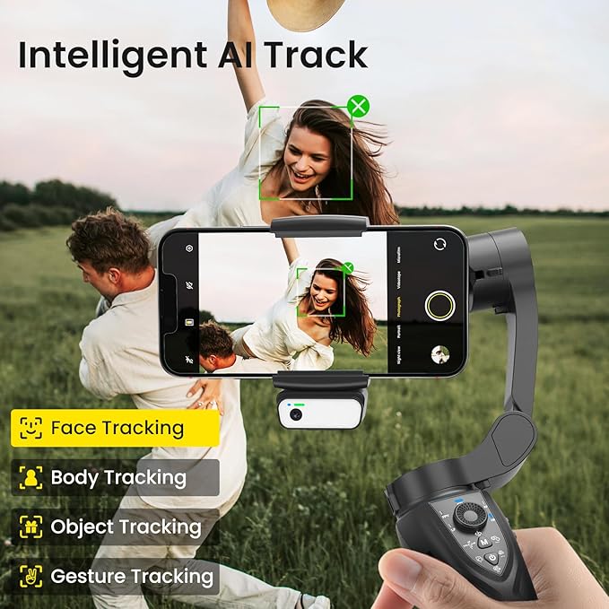 Gimbal Stabilizer for Smartphone, 3-Axis Phone Gimbal Portable and Foldable with AI Tracking Sensor Magnetic Fill Light, Gimbal Stabilizer for iPhone & Android, Phone stabilizer for Video Recording