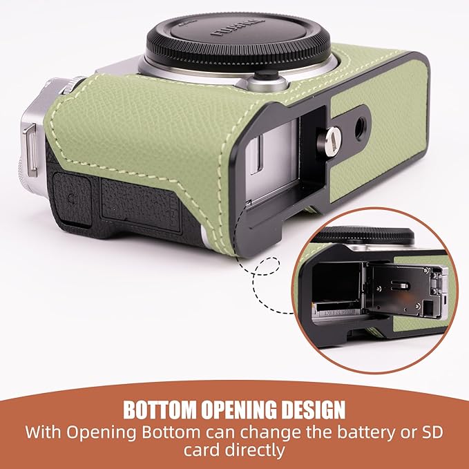 Handmade Genuine Leather Camera Half Case for Fujifilm X-M5/Fujifilm X-M5 Case - Top Layer Cowhide Body + Metal Base Plate (Vert Criquet)