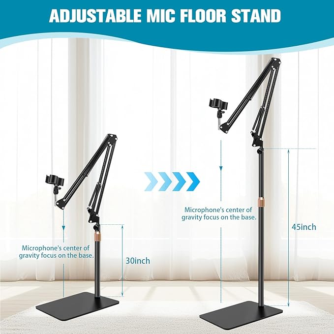 BILIONE Microphone Stand with Weighted Base, Mic Floor Stand Boom Arm with Mic Accessory Tray, Microphone Clip Holder, 3/8" to 5/8" Screw Adapter, Cable Ties