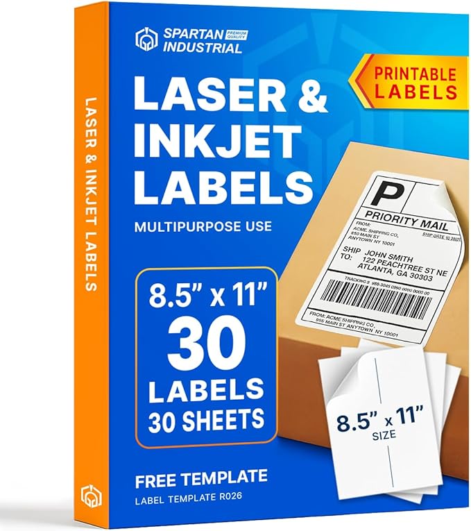 8.5" X 11" Matte White Full Sheet Labels (30 Sheets, 30 Stickers) Printable Sticker Paper for Laser & Inkjet Printers - Spartan Industrial Template R026