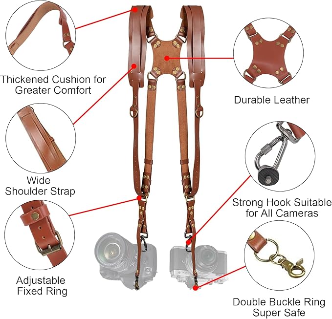 KINGTAIXIN Camera Harness, Dual Camera Harness for Photographers, Leather Camera Strap for Two-Cameras for DSLR/SLR Strap