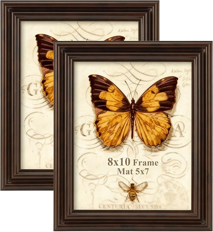 8x10 Picture Frame, 2 Pack Ornate Vintage 8 x 10 Photo Frame for Wall or Tabletop Display, 8x10 Poster Frames with Real Glass, Display 5x7 Pictures with Mat or 8x 10 without Mat for Antique Déco, Brown