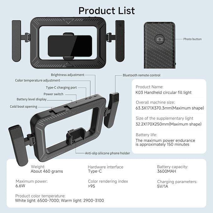 Handheld Smartphone LED Ring Light Video Rig with 20m Bluetooth Remote Handle, Ergonomic Stabilizer, 2900K-7000K Adjustable, Fast-Charge, 1/4” Mount for Selfies, Makeup, Live Streaming, Vlogging
