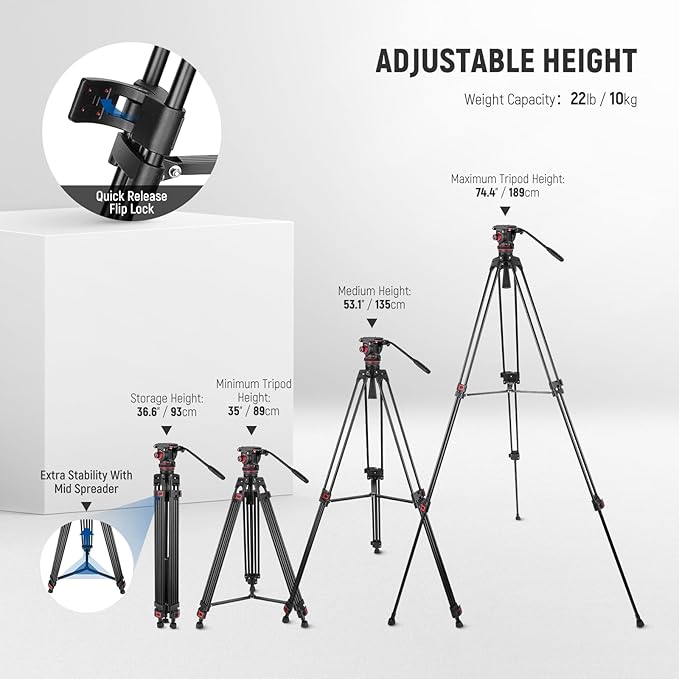 NEEWER 74" Video Tripod with Adjustable Damping Fluid Head, Metal Heavy Duty Dual-Mode QR Plate Compatible with DJI RS Gimbals, Flexible 360° Pan&+90°/-75° Tilt, Max Load 22lb/10kg, TP75