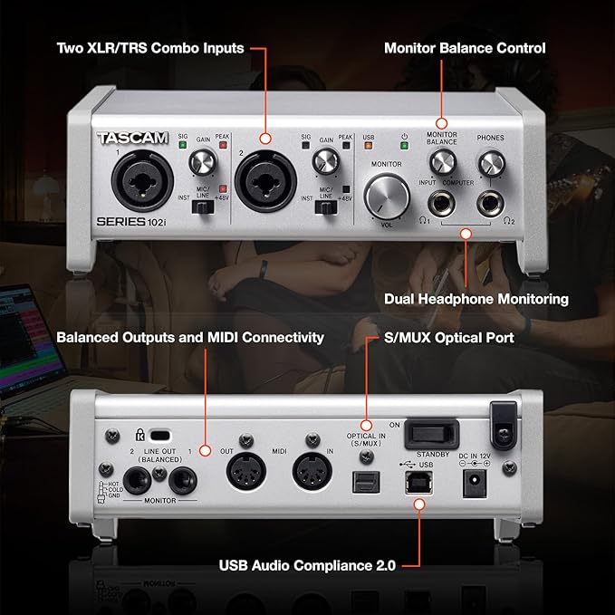 Tascam SERIES 102i 10 IN/2 OUT USB Audio Interface with MIDI, DAW Recording Software for Songwriting, Podcasting, Recording,Silver