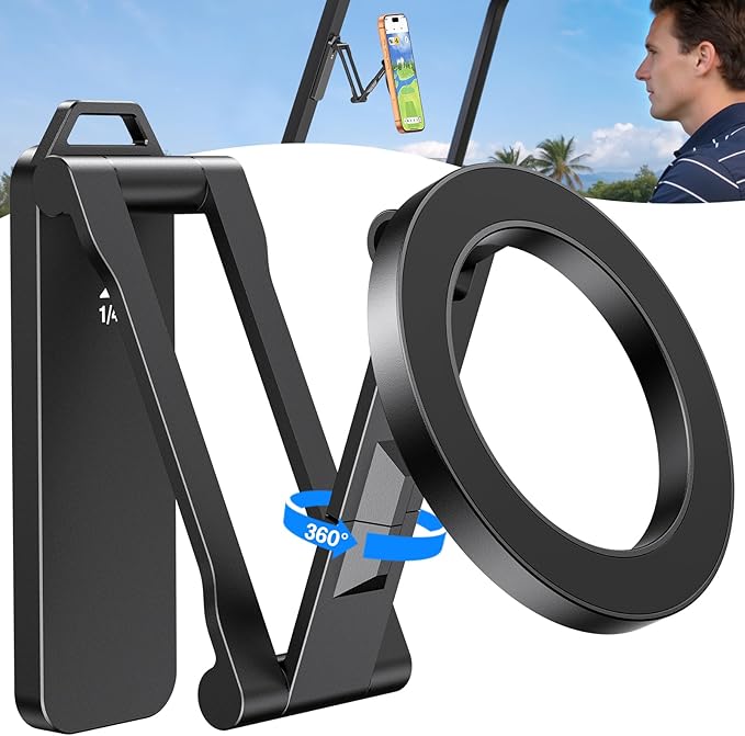 OMOTON CV08 Magnetic Golf Cart Phone Mount with [1/4” Screw + 5.6” Extendable Arm], 360° Rotatable Holder, Strong Magnets for iPhone & Samsung, Fits EZ-GO/Club Car, Includes Pouch & Strap (Black)