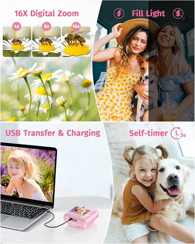 Instant Camera, Dual-Lens Kids Camera Instant Print for Boys Girls Christmas Birthday Gifts, 1080P Digital Cameras for Kids Teens with Print Paper, 32GB Card, Toddle Toy for Age 4-12 Years(Pink)