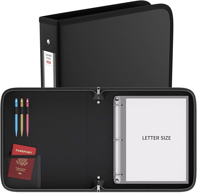 ZOOPIP Fireproof 3 Ring Binder with Zipper,1 Inch D Rings Hold up 245 Sheets of 8.5" x 11" (A4),Compatible with Clear Page Protectors, Built-in net and Pen Holder (1 Pcs, Black, 1")