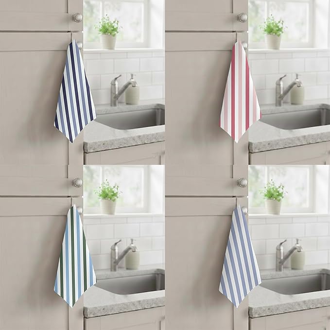 8-Pack Ultra-Fine Microfiber Kitchen Towels, 7-Inch Square with 8 Clips & Multiple Patterns – Soft, Absorbent, Reusable Cleaning Cloths (Stripes)