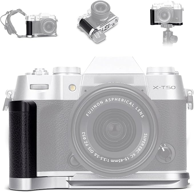 X-T50 Handgrip,L-Shape Bracket Handle for Fujifilm X-T50 XT50 Camera with Built-in Arca Quick Release Plate & Battery Compartment Opening,X-T50 Hand Grip Holder Anti-Slip Pads Design - Silver