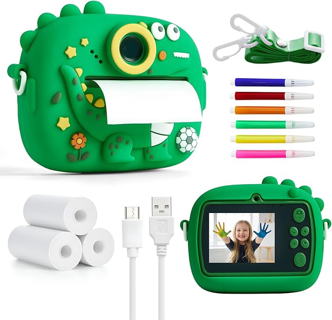 Kids Instant Print Camera with Dinosaur Silicone Cover,1080P HD Digital Video Cameras for Kids with Print Paper & SD Card,Christmas Birthday Gifts for Girls Boys 3-10 Years (Green)