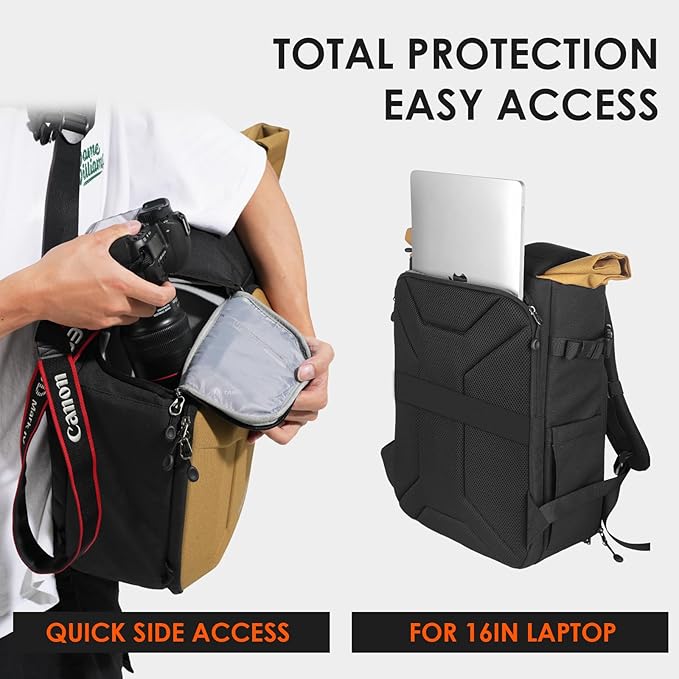 TARION Hardshell Large Camera Backpack - Expandable Camera Bag for Photographers with 16" Laptop Compartment & Side Access & Rain Cover(XH Gold)