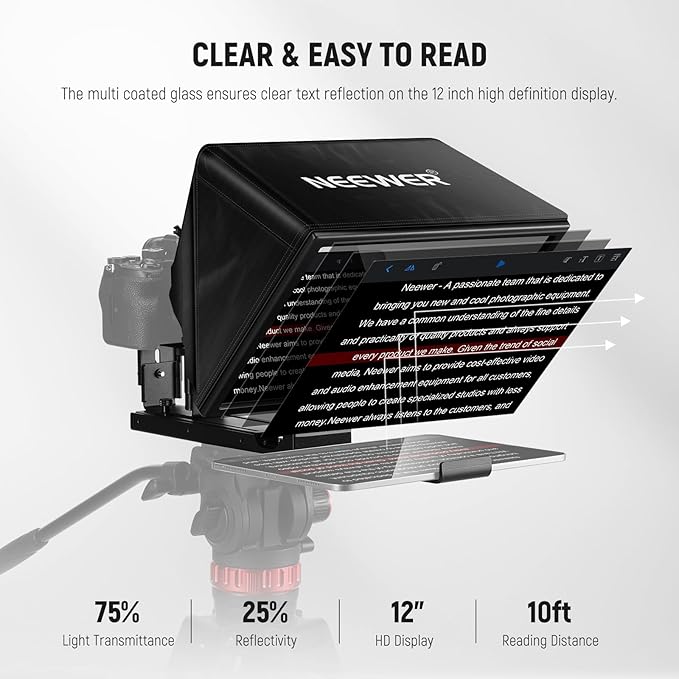 NEEWER Basics X12B Aluminum Alloy Liftable Teleprompter 12" Compatible with iPhone iPad Tablet Phone Camera, No Assembly/Remote & App Control with Cleaning Cloth, for Online Teaching Live Streaming