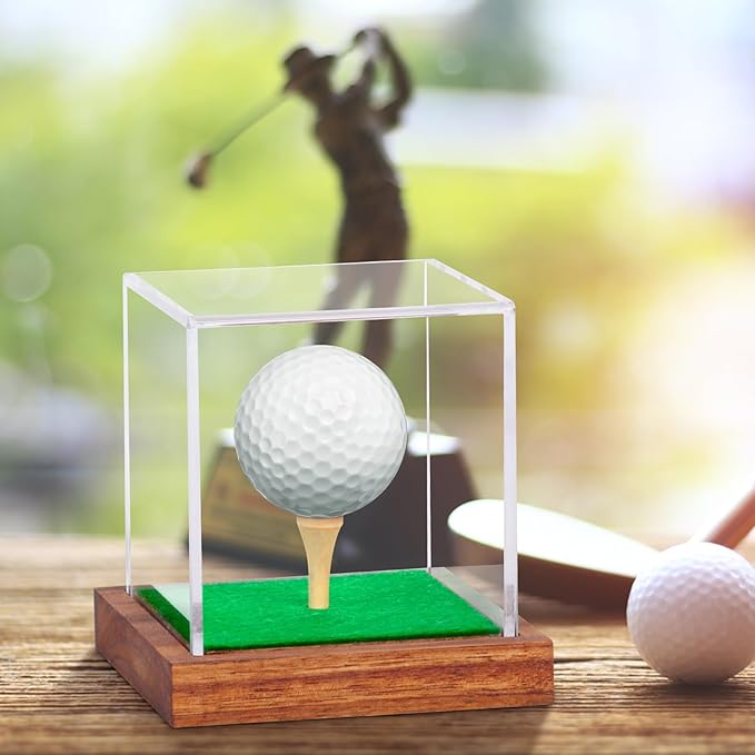 Hooqict 2 Pack Golf Ball Display Case Clear Acrylic Golf Ball Case Display with Wood Base & Tee Ball Holder Stand UV Protected Square Cube Box Golfball Collections