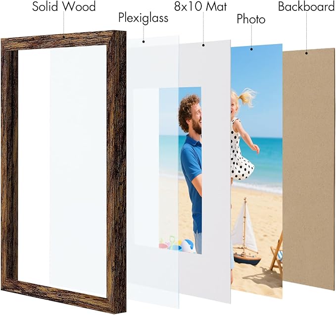 Vittanly 11x14 Picture Frame, Made of Solid Wood and Shatterproof Plexiglass, Display Pictures 8x10 with Mat or 8x10 without Mat, Wooden Photo Frame for Wall Mounting or Tabletop, Dark Brown, 1 Pack