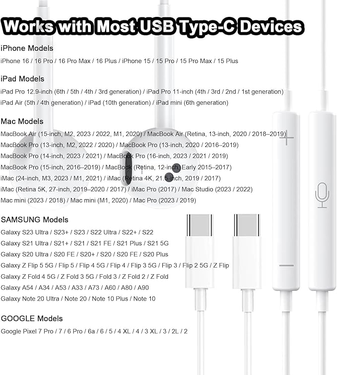 2 Packs USB C Headphones，Type C for iPhone Wired Headphones for iPhone 16/15/17 Earbuds with Mic and Volume Control，Hi-Fi Stereo In Ear Earphones for Galaxy S24/S23~S20/Ultra Note 10/20，Black+White