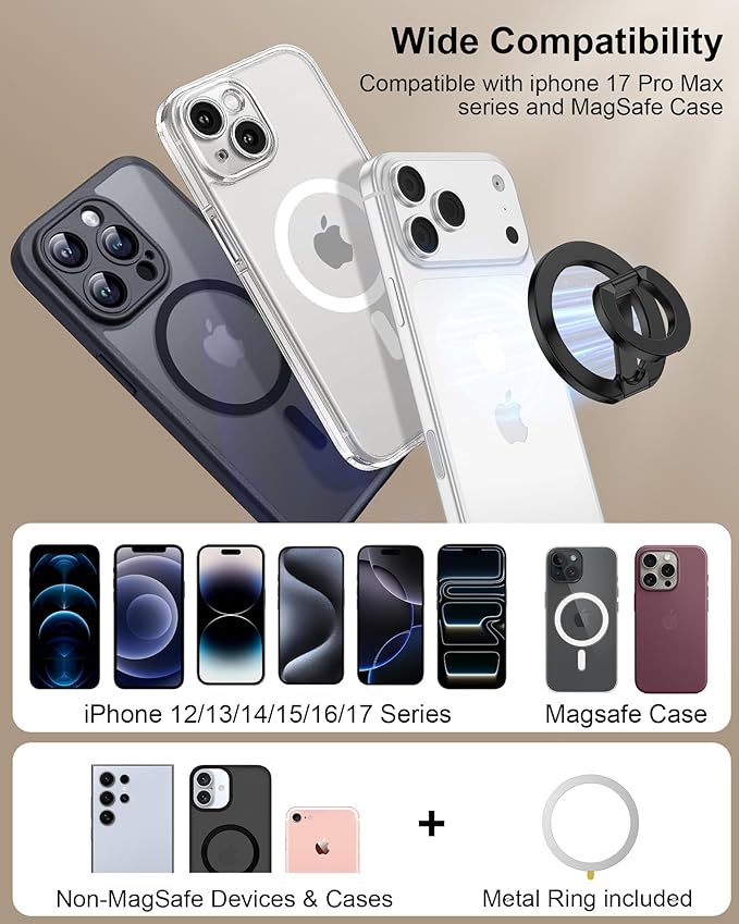 MagSafe Phone Grip Holder Dual-Sided Magnetic Finger Ring Adjustable Kickstand Loop for iPhone 17/16 Pro Max/15 Plus/14 Pro/13 Mini/12, Samsung, Magnet Phone Stand Grip Compatible with Mag Car Mounts