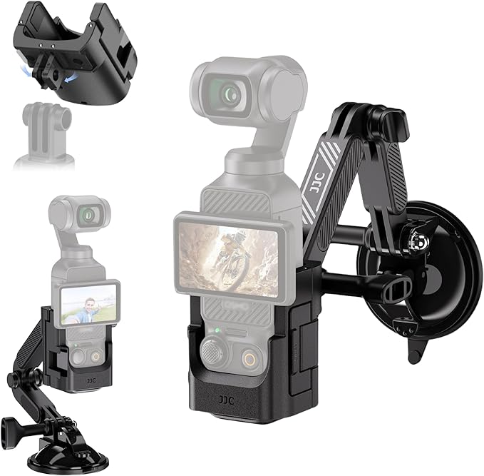 JJC Pocket 3 Suction Cup Mount for DJI Osmo Pocket 3 & Xtra Muse Accessories, Foldable Detachable Car Mount Windshield Dashboard Hood Holder with Cold Shoe Mount, Expansion Adapter for pocket3