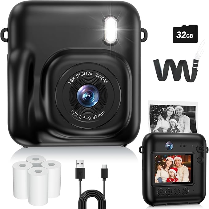 Kids Camera Instant Print, 48MP Dual-Lens Digital Camera for Girls Boys Christmas Birthday Gifts, 1080P Video Selfie Instant Cameras, Portable Toddler for 4-12 Years with 32GB Card-Black