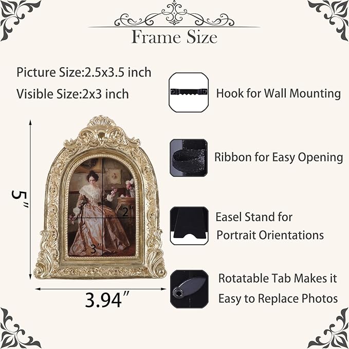 Vintage Picture Frames 2.5x3.5 Ornate Gold Antique Picture Frames for Wall and Tabletop Vintage Photo Frame Victorian Home Decor Gallery Wall Decor in Arch Shape