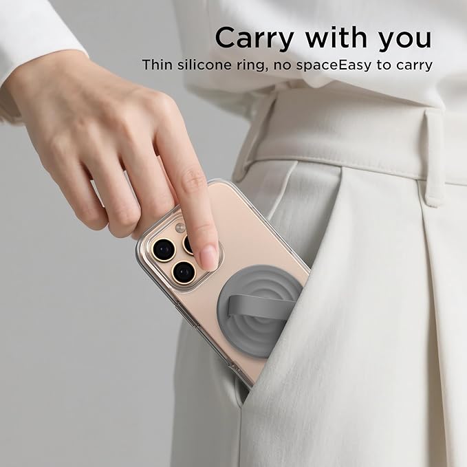 Magnetic Phone Grip Ring Holder, Liquid Silicone Magnet Cell Phone Grip Finger Loop, Compatible with Magsafe, Back of Phone for iPhone 17/16/15/14/13/12 Series, Gray