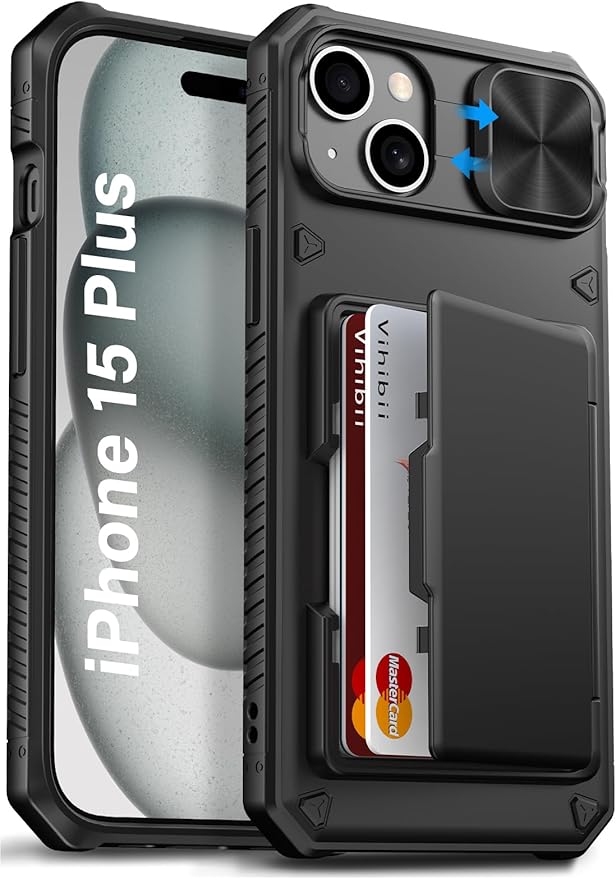 Vihibii for iPhone 15 Plus/iPhone 14 Plus Case with Card Holder (4 Cards) [RFID Blocking] & Slide Camera Cover, Military Grade Drop Protection, Rugged Hard Back & Silicone Edge Wallet Case, Black