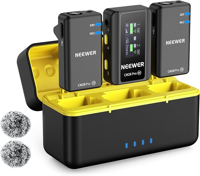 NEEWER CM28 PRO Wireless Lavalier Lapel Microphone System with Charging Case 48KHz 16 Bit Uncompressed Audio Noise Canceling 4GB Storage 9Hrs Recording Compatible with iPhone iPad Android Camera PC