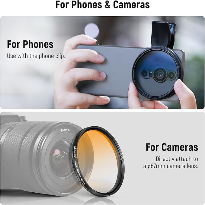 NEEWER 67mm 7 Pack ND Filter Set Compatible with Android Samsung Google Pixel Huawei Xiaomi Clip On CPL+ ND32 + Starlight + GND (Red/Orange/Yellow/Blue) Camera Lens Photography Accessories Kit, FL-P11